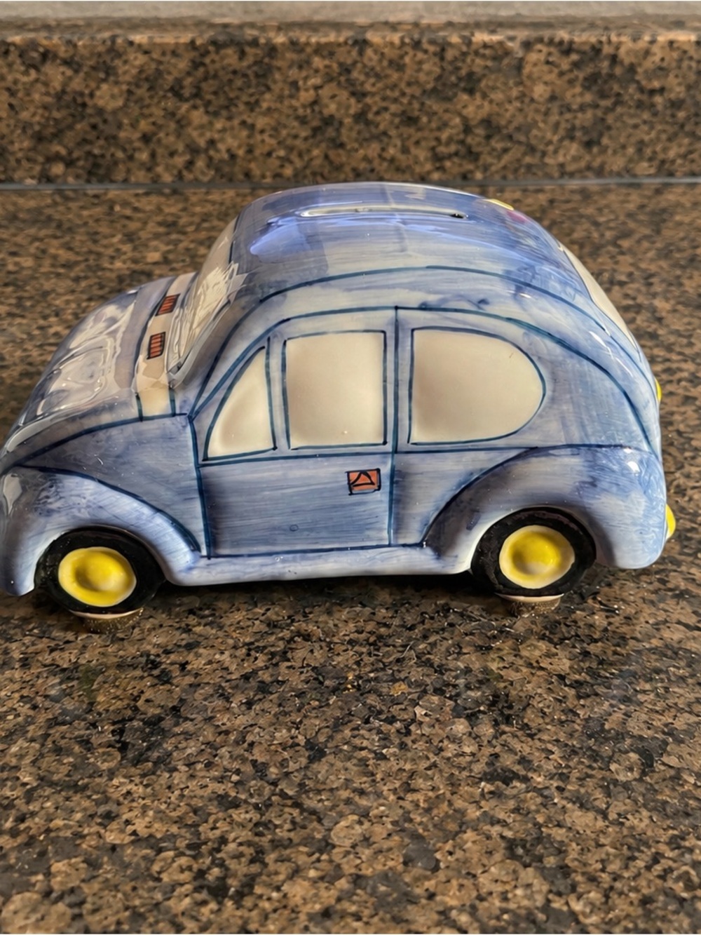 Hand-Painted Ceramic VW Beetle Coin Bank – Blue & White